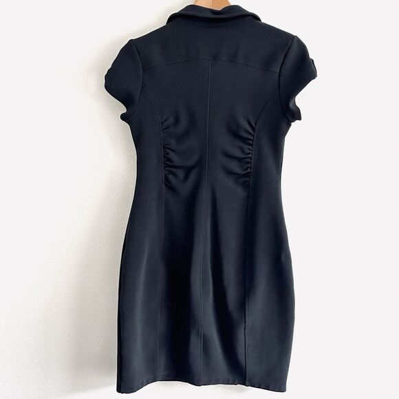 VTG Y2K Ruched Bodycon Dress Sz 8 Black Stretch Silver Button CorporateGoth Punk - Picture 2 of 12